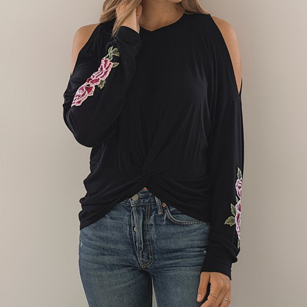 Black Floral-Accent Front-Twist Shoulder-Cutout